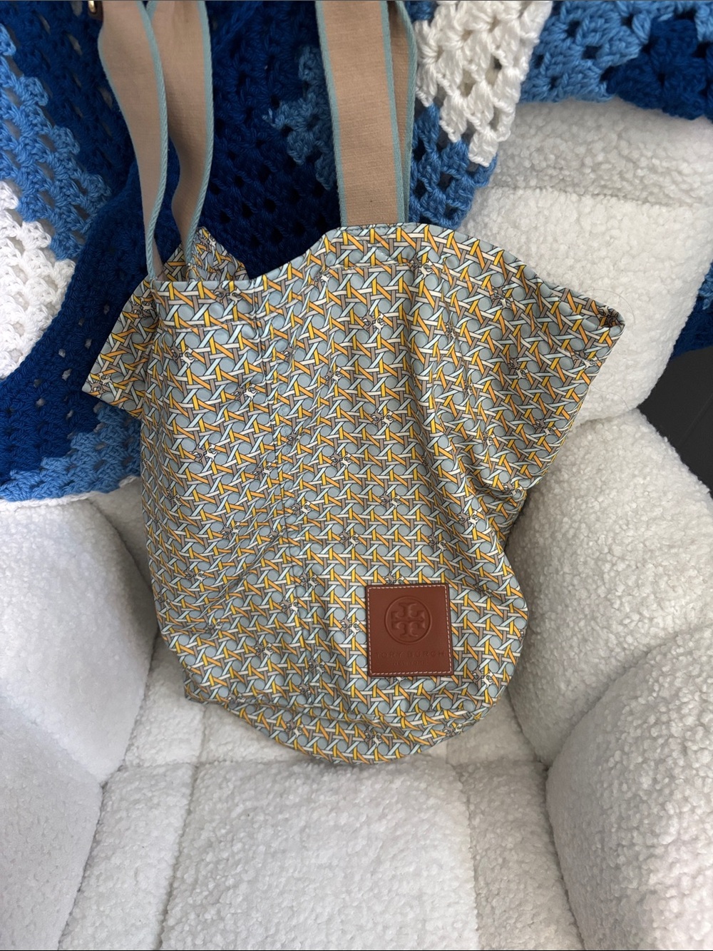 Tory Burch Yellow and Light Blue Geometric Canvas Tote with Leather Logo Patch